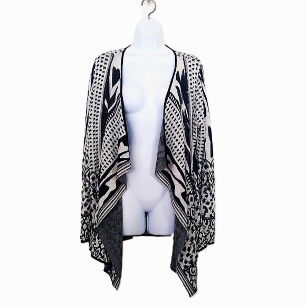 Chico's Dressy Cardigan Sweater Sequins Black & Gray Open Front Waterfall 12 / L